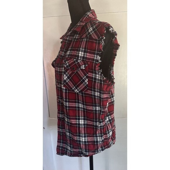 Nutexrol Red Plaid Sleeveless Frayed Flannel Shirt Snap Closure Unisex Sz M - Picture 3 of 5